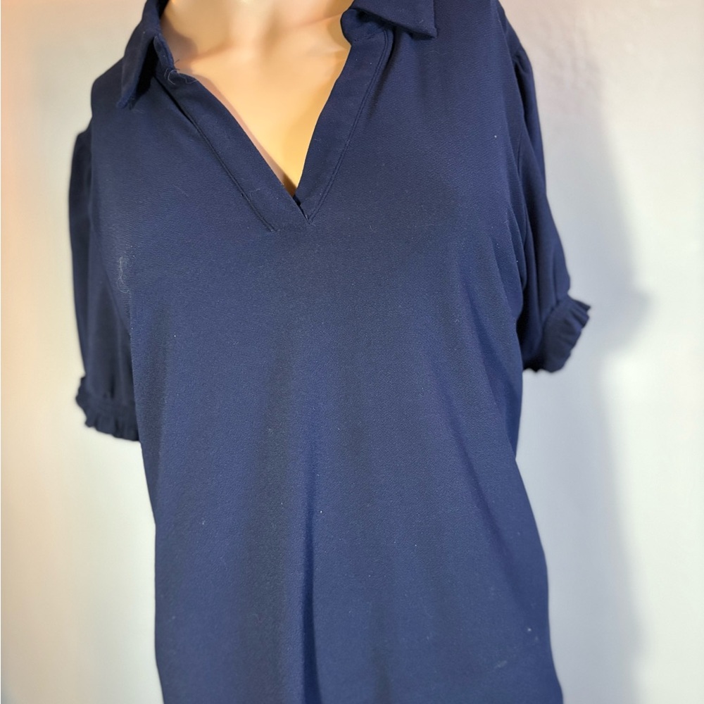 CeCe Navy Collared Short Sleeve Shirt Size Large